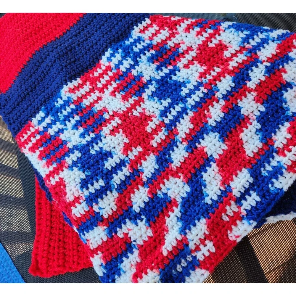 Crochet Afghan Blanket Red White Blue White Americana  50